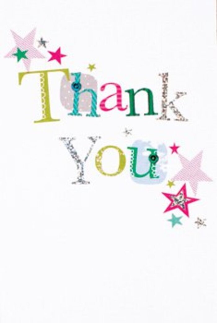 With its gracefully arranged letters and festive accents, this thank you card radiates a quiet yet unmistakable exuberance, the kind that might bloom during a close-knit gathering in South Harrow's Barrowell Green. The message itself plays out in hand-drawn script, each letter expressive: some round and buoyant, adorned with cheerful spots or playful curves, others more refined with elegant lines that carry a lyrical quality. Vibrant stars, some painted with sparkling fuchsia stripes, others filled with bold turquoise or a delicate sweep of silver, cluster around the greeting like well-wishers at an event. The spacious, unblemished white background imparts a modern, airy sensibility, ensuring that every colourful flourish stands out, untouched and crisp. Held up to the light, one can almost sense the subtle interplay of texture-a gentle glint here, a soft imprint there-that hints at the bespoke touch of a local florist. This card is as versatile as it is inviting, equally at home beside a bouquet delivered for a teacher's thank you or to a friendly neighbour. Its warmth and understated sophistication echo the spirit of South Harrow: gracious, sincerely uplifting, and always memorable.